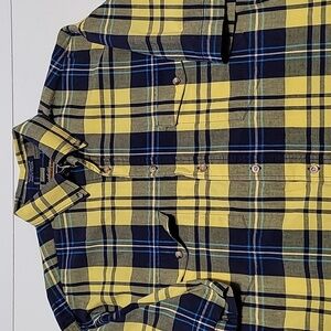 Panhandle Slim Men's Short Sleeve Blue Yellow Plaid 100% Cotton Casual Shirt